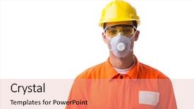  Presentation with construction - Amazing PPT layouts having respirator - construction worker with protective mask backdrop and a coral colored foreground