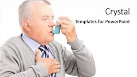  Presentation with asthma - Slide set featuring respiratory - mature man taking asthma treatment background and a white colored foreground