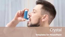  Presentation with inhaler - Colorful presentation theme enhanced with respiratory - young man using asthma inhaler backdrop and a coral colored foreground