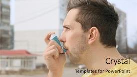  Presentation with inhaler - Presentation consisting of respiratory - young man using inhaler background and a coral colored foreground