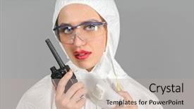  Presentation with portable radio - PPT theme featuring respiratory protection - headshot of woman in white background and a mint green colored foreground