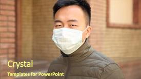  Presentation with respiratory - Colorful theme enhanced with respiratory protection - ill man wearing mask backdrop and a violet colored foreground