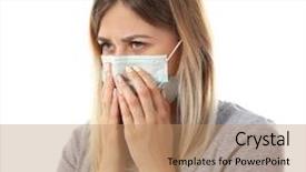  Presentation with mask - Slide deck enhanced with respiratory protection - ill woman wearing mask isolated background and a  colored foreground