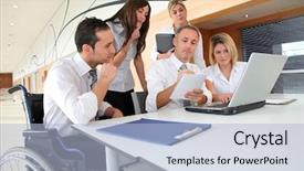  Presentation with office workers - PPT theme enhanced with  background and a  colored foreground