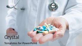  Presentation with pills - Cool new presentation theme with responsible physicians - hand of doctors holding many backdrop and a light blue colored foreground