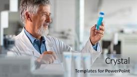  Presentation with glass chemistry lab equipment - Slide deck featuring responsible physicians - senior chemistry professor doctor background and a light gray colored foreground