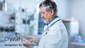  Presentation with computer - Colorful presentation theme enhanced with responsible physicians - senior doctor using his tablet backdrop and a  colored foreground
