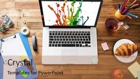  Presentation with workplace - Colorful slides enhanced with responsive website - workplace with notebook office supplies backdrop and a coral colored foreground