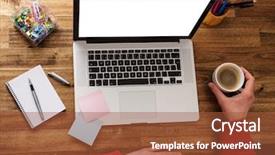  Presentation with notebook - Slide deck having responsive website - workplace with notebook office supplies background and a red colored foreground