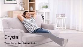  Presentation with relaxing - Slide deck having rest - young man relaxing on sofa background and a light gray colored foreground