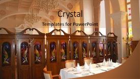  Presentation with customers - PPT theme featuring restaraunt ready for customers background and a coral colored foreground