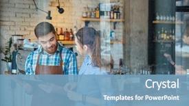  Presentation with restaurant waiter - PPT theme having restaurant - cheerful bearded young waiter background and a teal colored foreground