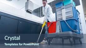  Presentation with mopping - Presentation design having restaurant - cleaning lady mopping the floor background and a ocean colored foreground