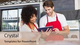  Presentation with apron - Amazing slide deck having restaurant - colleagues in red apron using backdrop and a soft green colored foreground