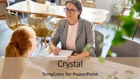  Presentation with cafe - Cool new slide set with restaurant - confident owner of cafe interviewing backdrop and a coral colored foreground