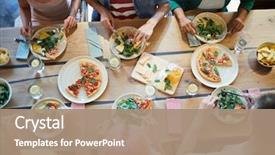  Presentation with old wooden table food - Cool new PPT layouts with restaurant - overview of tasty food backdrop and a coral colored foreground