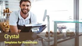  Presentation with bakery - PPT theme consisting of restaurant - smiling worker posing behind background and a tawny brown colored foreground