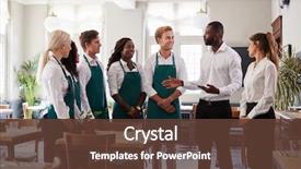  Presentation with staff meeting - Beautiful presentation theme featuring restaurant - staff attending team meeting backdrop and a tawny brown colored foreground