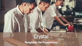  Presentation with restaurant kitchen - Slides having restaurant - three male cooks dressed background and a coral colored foreground