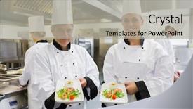  Presentation with chef war - Colorful slides enhanced with 50 s restaurant - two chef's showing salmon dishes backdrop and a light gray colored foreground