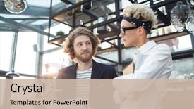  Presentation with new beginning - Beautiful slide set featuring restaurant - young confident revision manager backdrop and a soft green colored foreground