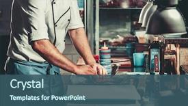  Presentation with meat beef - Presentation consisting of restaurant - young white chef in kitchen background and a ocean colored foreground