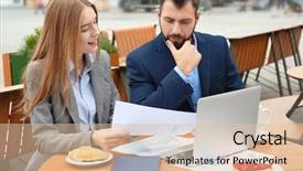  Presentation with managers - Presentation theme consisting of restaurant analytics - young marketing managers working background and a  colored foreground