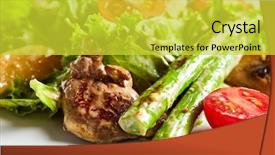  Presentation with food chicken - Colorful PPT layouts enhanced with restaurant and gourmet food - warm chicken liver salad with mushrooms asparagus and cherry tomato backdrop and a yellow colored foreground