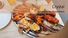 Presentation with seafood - Colorful presentation enhanced with restaurant beer grill - assorted seafood backdrop and a coral colored foreground