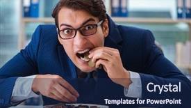  Presentation with analytics - PPT layouts with restaurant business analytics - funny businessman eating gold coins background and a  colored foreground