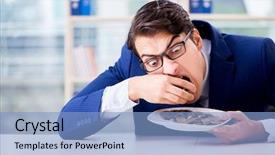  Presentation with gold coins and jewelry - Amazing slide set having restaurant business analytics - funny businessman eating gold coins backdrop and a light blue colored foreground