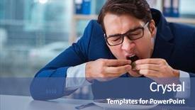  Presentation with gold coins and jewelry - Beautiful PPT theme featuring restaurant business analytics - funny businessman eating gold coins backdrop and a ocean colored foreground