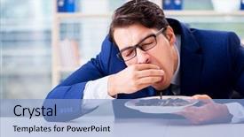  Presentation with gold - PPT theme having restaurant business analytics - funny businessman eating gold coins background and a light blue colored foreground