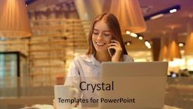  Presentation with marketing 4p - Cool new PPT theme with restaurant business analytics - young female marketing manager working backdrop and a coral colored foreground