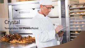  Presentation with restaurant kitchen - Colorful slide set enhanced with restaurant business plans - focused baker writing on clipboard backdrop and a light gray colored foreground