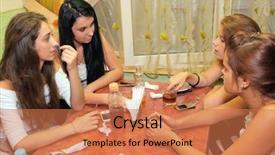  Presentation with sailing room - Slide deck consisting of restaurant chain - pretty girl-friends in drawing room background and a  colored foreground