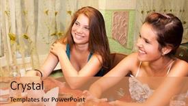  Presentation with drawing boxing - Colorful slide deck enhanced with restaurant chain - pretty girl-friends in drawing room backdrop and a  colored foreground