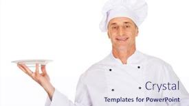  Presentation with porcelain - Presentation design featuring restaurant chef holding white porcelain plate background and a sky blue colored foreground
