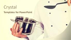  Presentation with steel - Audience pleasing presentation design consisting of restaurant-chef-s-hand-holding backdrop and a cream colored foreground