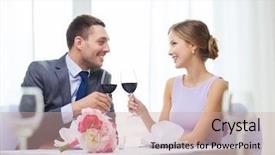  Presentation with restaurant - Presentation featuring restaurant couple and holiday concept - smiling young couple with glasses of red wine looking at each other at restaurant background and a coral colored foreground