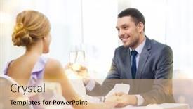  Presentation with looking glass - Colorful slide deck enhanced with restaurant couple and holiday concept - smiling man with glass of champagne looking at wife or girlfriend at restaurant backdrop and a lemonade colored foreground