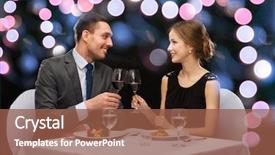  Presentation with main course - Audience pleasing slide set consisting of restaurant couple and holiday concept - smiling couple eating main course with red wine at restaurant backdrop and a tawny brown colored foreground