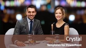  Presentation with main course - Audience pleasing slide set consisting of restaurant couple and holiday concept - smiling couple eating main course with red wine at restaurant backdrop and a tawny brown colored foreground