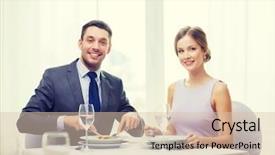  Presentation with appetizers - Beautiful slides featuring restaurant couple and holiday concept - smiling couple eating appetizers at restaurant backdrop and a lemonade colored foreground