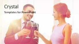  Presentation with main course - Beautiful presentation theme featuring restaurant couple and holiday concept - smiling couple with main course and red wine at restaurant backdrop and a sky blue colored foreground