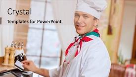  Presentation with chef - Cool new presentation theme with restaurant customer service - image of handsome chef inserting backdrop and a soft green colored foreground