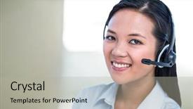  Presentation with coffee cup - Audience pleasing presentation design consisting of restaurant customer service - smiling businesswoman using headset backdrop and a light gray colored foreground