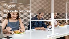  Presentation with social distancing - Amazing slides having restaurant-customers-have-a-seat backdrop and a coral colored foreground