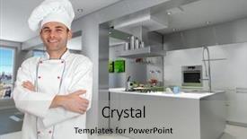  Presentation with kitchen design - Cool new slides with restaurant design - smiling chef in a modern backdrop and a light gray colored foreground
