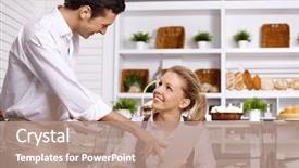  Presentation with restaurant menu - Presentation theme enhanced with restaurant dessert menu - young waiter advises background and a coral colored foreground